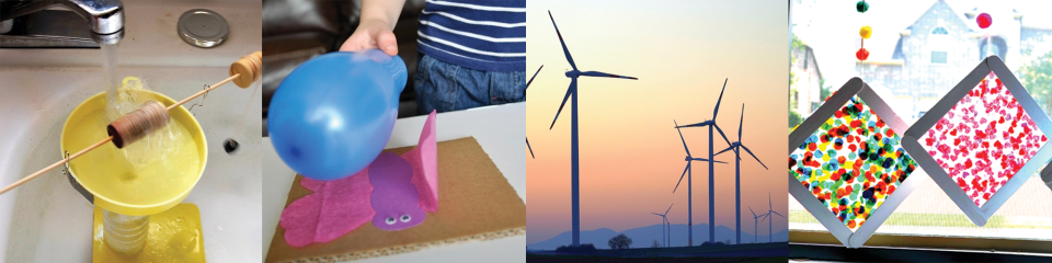 Earth Week banner with hyrdopower experiment, butterfly craft, wind turbines and suncatchers